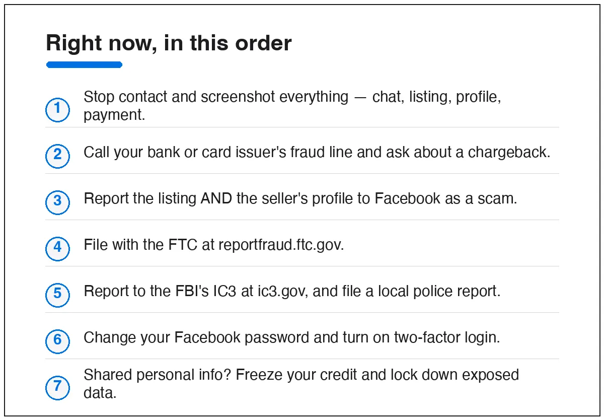Ordered steps to take right now if scammed on Facebook Marketplace